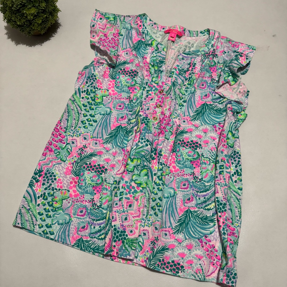 Lily Pulitzer Golda Top Blouse Ruffle Sleeve Banana‎ Split Print Size Large